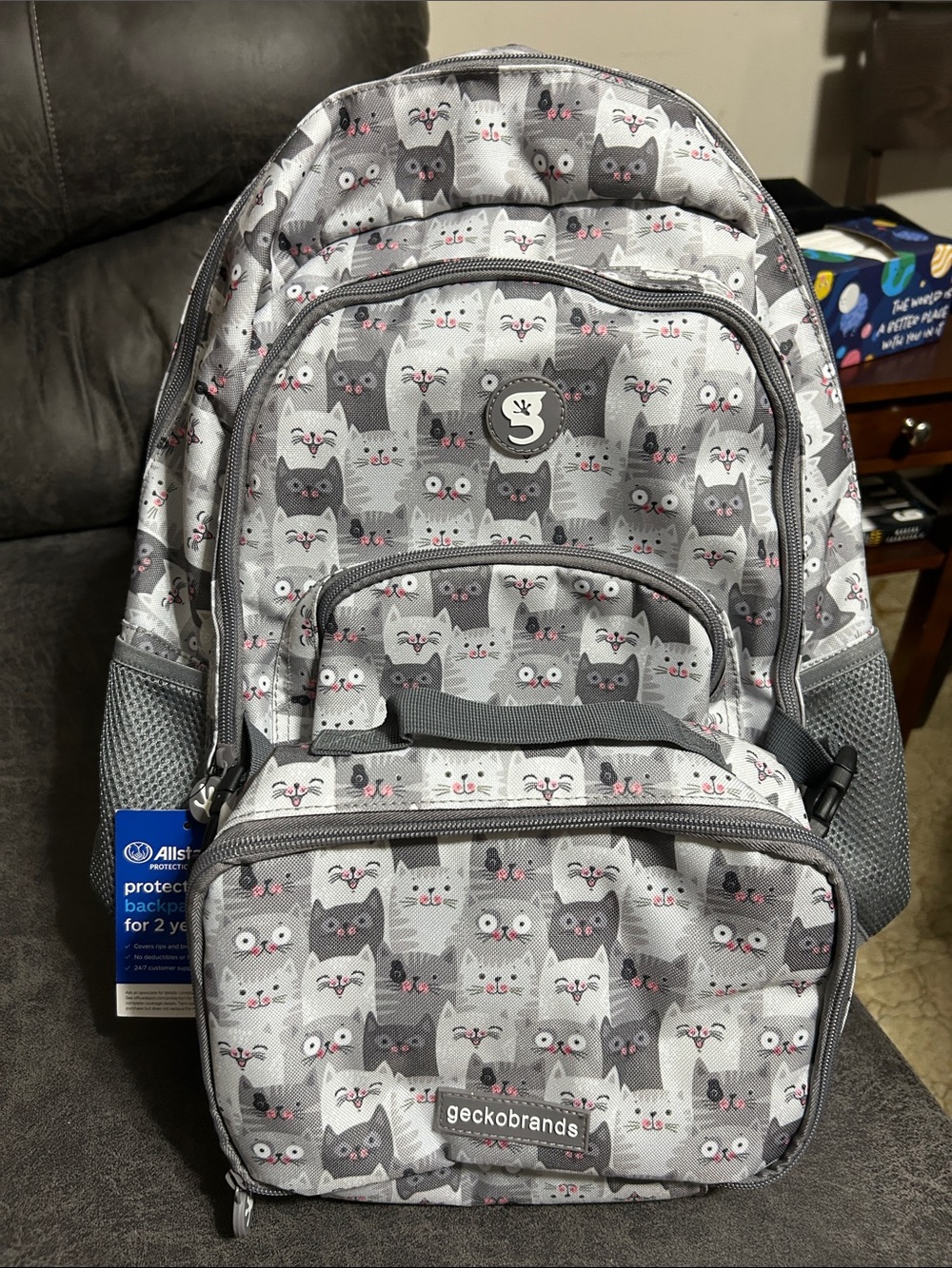 NWT Geckobrands Cat Print Backpack. Gray with Pink Accents Girls Love.